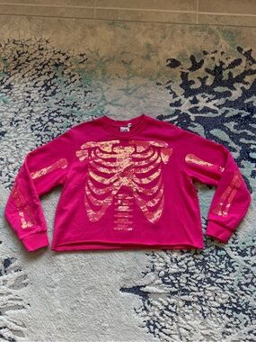 QOS Queen of Sparkles Magenta Sequin Skeleton Sweatshirt size small EUC